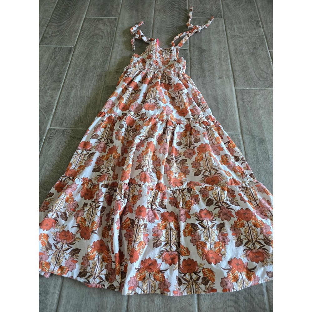 Seafolly Australia Girls Orange Floral Smocked Tiered Maxi Dress Size 8 Cotton